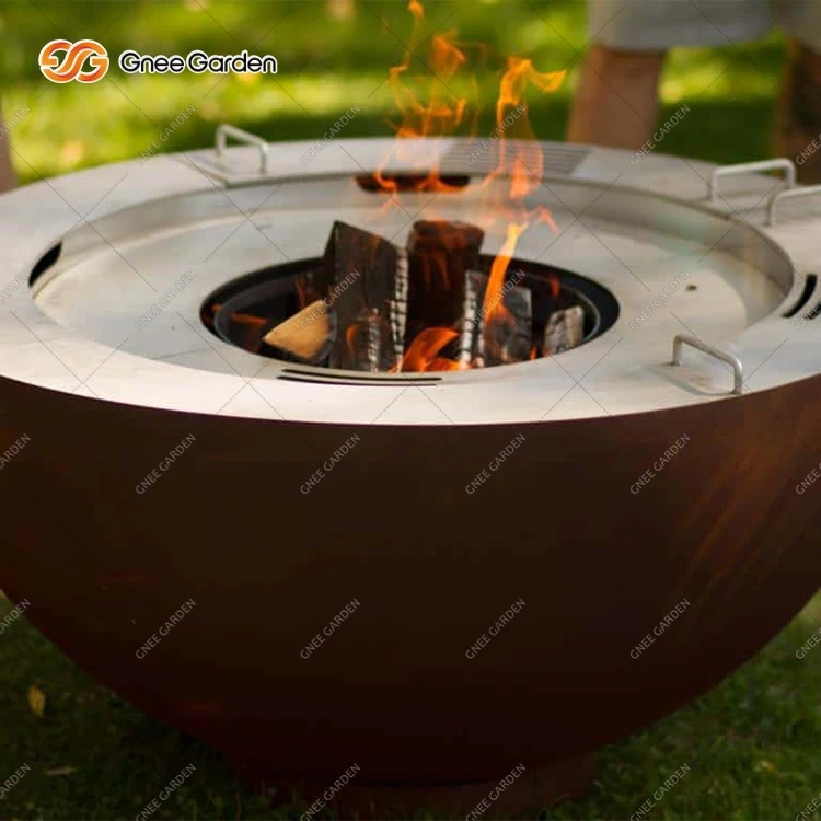 Barbecue rotondo con griglia a legna per esterni in acciaio Corten